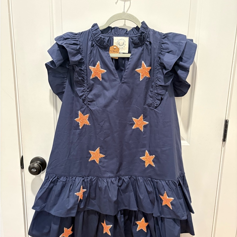 Fantastic Fawn Navy Dress with Orange Sequin Star Accents
